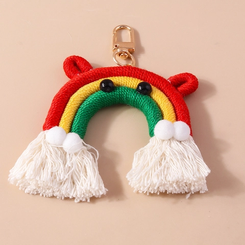 Handgemaakte Geweven Regenboog Sleutelhanger Met Kwastje en Pompon Schattige Berenoren Katoenen Touw Tas Charm