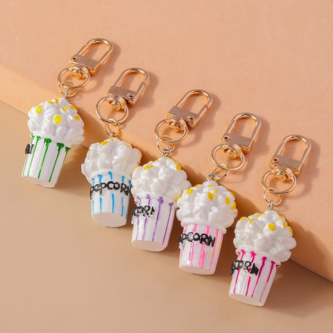 Simulation Popcorn Eimer Schlüsselanhänger Harz Cartoon Süße Lebensmittel Charme Anhänger Zubehör Mit Gold Legierung Karabinerverschluss Für Damen Kinder Kreatives Geschenk