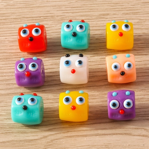 Cartoon Monster Face Square Resin Beads Horizontal Hole DIY Jewelry Accessories Mixed Color Cute Animal Bird Small Pendant