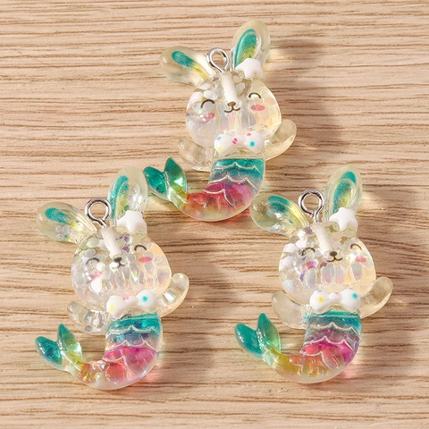 Cartoon Zeemeermin Dier Hars Hangers Voor DIY Sieraden Maken Konijn Kat Vorm Glitter Hars Charms Met Metalen Ring DIY Knutselaccessoires