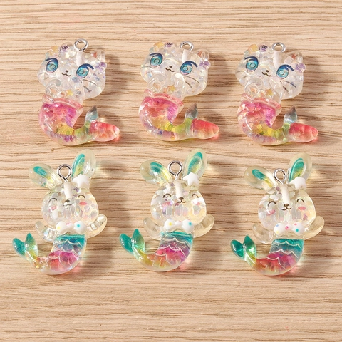 Cartoon Zeemeermin Dier Hars Hangers Voor DIY Sieraden Maken Konijn Kat Vorm Glitter Hars Charms Met Metalen Ring DIY Knutselaccessoires