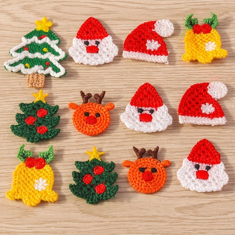 Serie Natalizia Toppe Ricamate a Maglia Babbo Natale Renna Forme di Albero Accessori per Cucito Fai da Te Decorazioni Festive