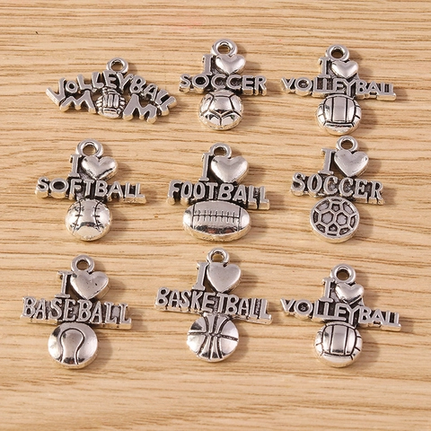 Antique Silver Alloy Sports Theme DIY Charms Soccer Basketball Baseball Volleyball Football Pendants For Jewelry Making