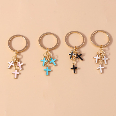 Llavero de Cruz de Aleación de Zinc Vintage Con Triples Colgantes de Esmalte Creativo Retro Anillo Dorado para Decoración Diaria Unisex