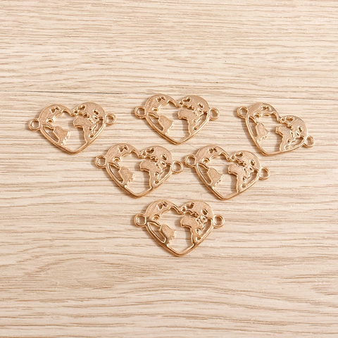 Hollow Heart World Map Pendants Alloy Electroplated Double Loop Connectors For DIY Bracelet Necklace Making Gold Jewelry Findings