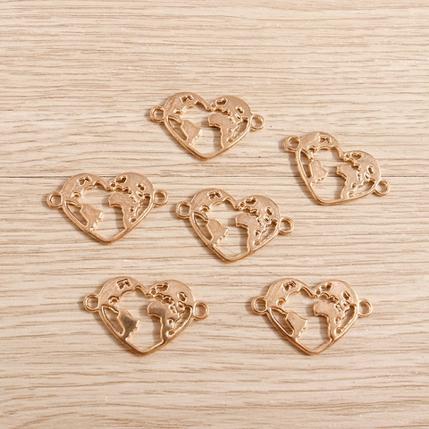 Hollow Heart World Map Pendants Alloy Electroplated Double Loop Connectors For DIY Bracelet Necklace Making Gold Jewelry Findings