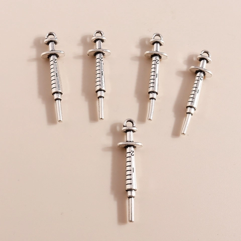 Vintage Alloy Syringe Shape Pendant Antique Silver Metal Charms With Scale Markings For DIY Jewelry Making Handcraft Accessories
