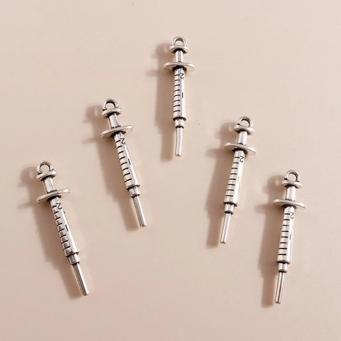 Vintage Alloy Syringe Shape Pendant Antique Silver Metal Charms With Scale Markings For DIY Jewelry Making Handcraft Accessories
