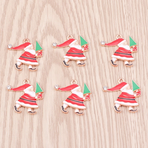 Christmas Santa Claus Pendants Alloy Enamel Charms For Jewelry Making DIY Keychains Necklace Decoration Rhinestone Inlaid Holiday Accessories