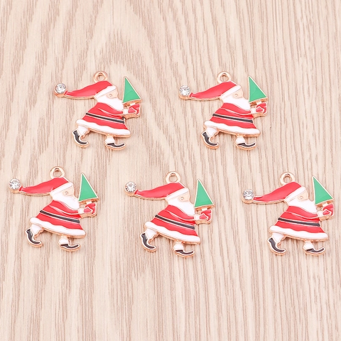 Christmas Santa Claus Pendants Alloy Enamel Charms For Jewelry Making DIY Keychains Necklace Decoration Rhinestone Inlaid Holiday Accessories