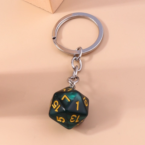 Portachiavi Retro Dado D20 Poliedro Verde Scuro Resina Numeri Oro Catena Metallo Argento Pendente Borsa per Appassionati Giochi da Tavolo