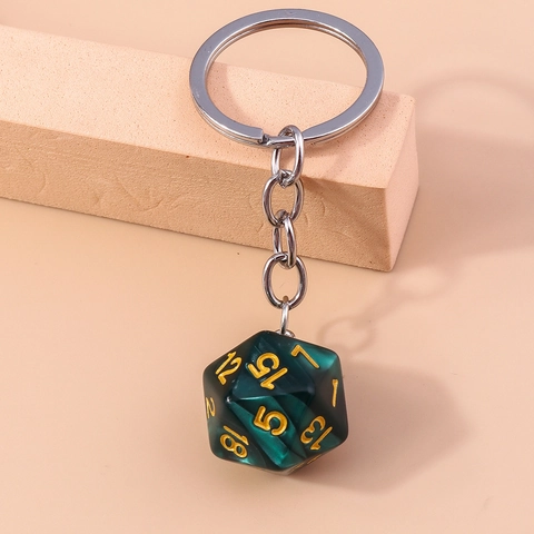 Portachiavi Retro Dado D20 Poliedro Verde Scuro Resina Numeri Oro Catena Metallo Argento Pendente Borsa per Appassionati Giochi da Tavolo