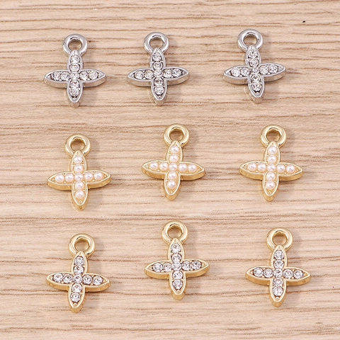 Alloy Artificial Pearl Rhinestone Cross Pendants Four-Petal Flower DIY Jewelry Findings For Necklaces Charms Women Gifts