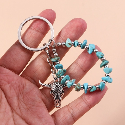 Retro Bohemian Bull Head Keychain Synthetic Turquoise Stone Key Ring For Bag Clothing Decoration Women Gift