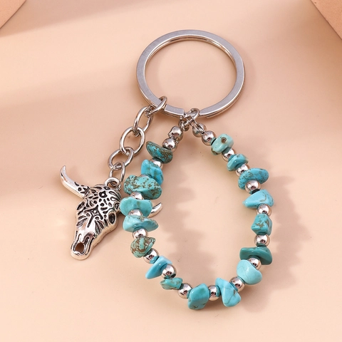 Retro Bohemian Bull Head Keychain Synthetic Turquoise Stone Key Ring For Bag Clothing Decoration Women Gift