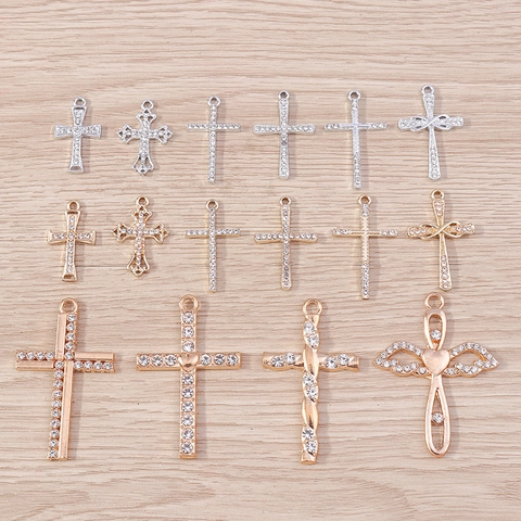Alloy Rhinestone Cross Pendants DIY Jewelry Accessories Heart Wings Religious Charms For Necklace Making Wedding Party Women Men