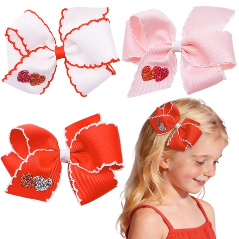 Sweet Valentine Heart Bow Hair Clip For Girls Polyester Ribbon Glitter Heart Alligator Clip Ruffled Edge Hair Accessory
