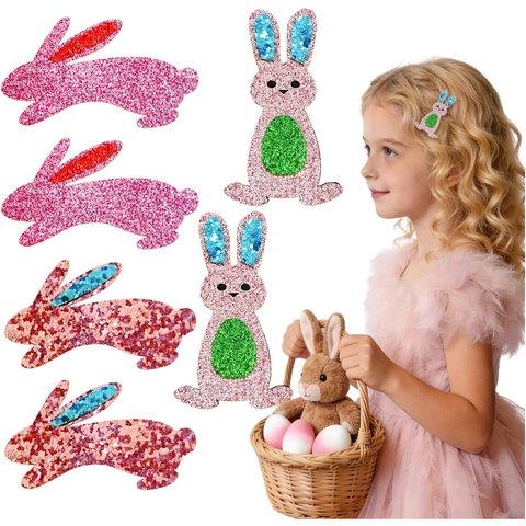 Easter Bunny Hair Clip For Girls Cute Glitter Sequin Rabbit Fabric Covered Alligator Clip Pink Handmade Toddler Hair Accessories