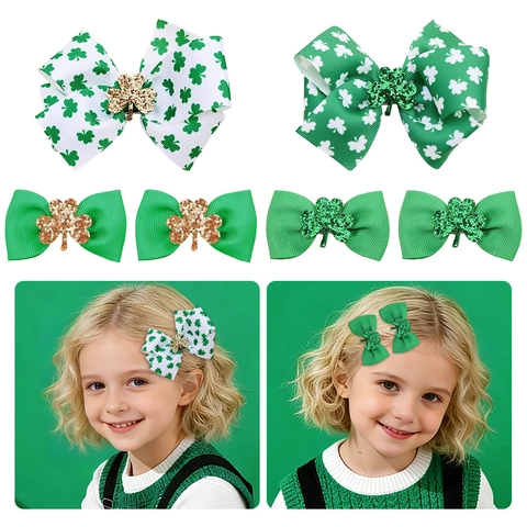 St Patrick's Day Kids Shamrock Hair Clips Green White Bow Hairpins With Sequins Festive Hair Accessories For Girls
