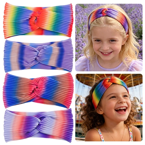 Rainbow Gradient Striped Twisted Headband Elastic Ribbed Hair Band For Kids Girls Face Washing Yoga Sweet Hair Accessory