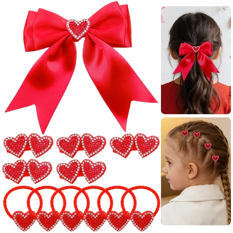 Ensemble d'Accessoires Cheveux Strass Cœur Rouge Saint Valentin Barrettes Nœud Satin Élastiques pour Enfants Filles