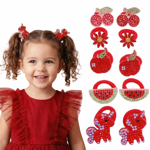 Kids Red Rhinestone Fruit Hair Ties Set Bow Unicorn Apple Cherry Watermelon Sunflower Elastic Hair Bands For Girls Gift