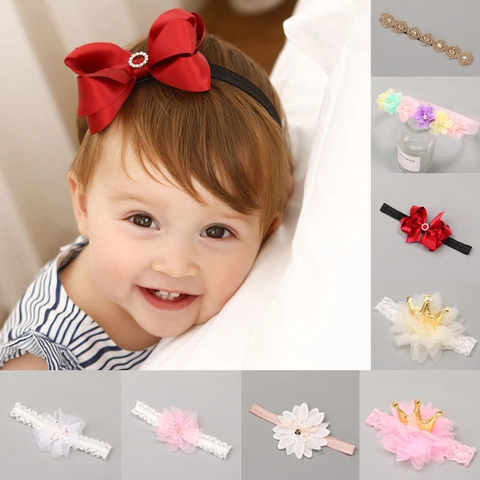 Dulce Diadema de Encaje con Flores para Bebé Elástica de Malla con Lazo Perla Artificial Diamantes de Imitación Corona para Niñas Accesorios de Fotografía