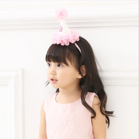 Fascia per Capelli per Primo Compleanno di Neonata Cappello da Festa Mini Cono con Paillette Stella e Fiori in Tulle