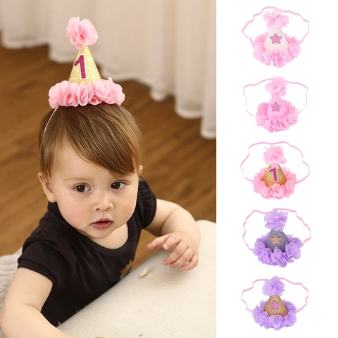 Fascia per Capelli per Primo Compleanno di Neonata Cappello da Festa Mini Cono con Paillette Stella e Fiori in Tulle