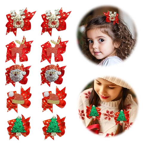 Christmas Hair Clips For Kids Girls Sequin Bow Hairpins With Reindeer Santa Claus Tree Pattern Red Gold Festive Headwear