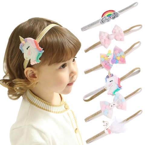 Diadema de Bebé de Unicornio Arco Iris Banda de Pelo Elástica Brillo Malla Pompon Clip Accesorios de Pelo Lindos para Fotografía de Niñas