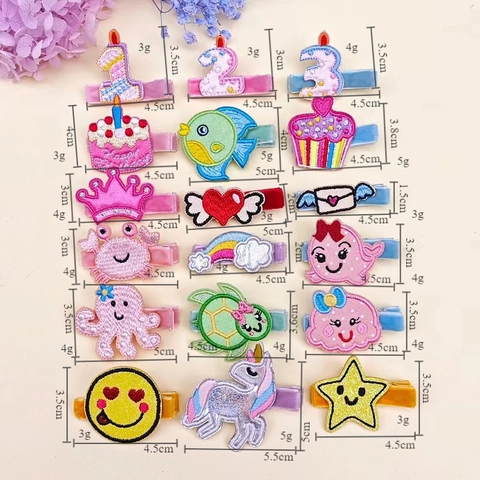 Cartoon Animal Embroidery Hair Clips Sweet Birthday Numbers Cake Star Crown Heart Duckbill Hairpins For Kids Baby Girls Hair Decoration