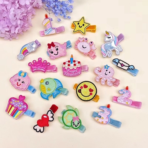 Cartoon Animal Embroidery Hair Clips Sweet Birthday Numbers Cake Star Crown Heart Duckbill Hairpins For Kids Baby Girls Hair Decoration