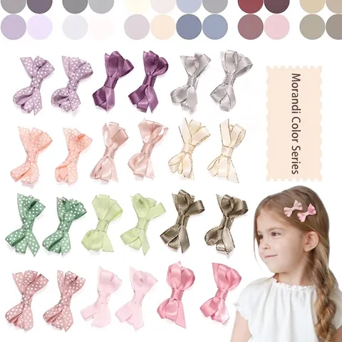 Handmade Morandi Color Ribbon Bow Hair Clips For Girls Polka Dot Solid Fabric Duckbill Clips Cute Hair Accessories For Toddlers Kids Hairpin