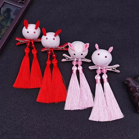 Chinese Style Kids Rabbit Tassel Hair Clips Plush Pompom Hanfu Accessories Red Pink Animal Hairpins For Girls New Year Gift
