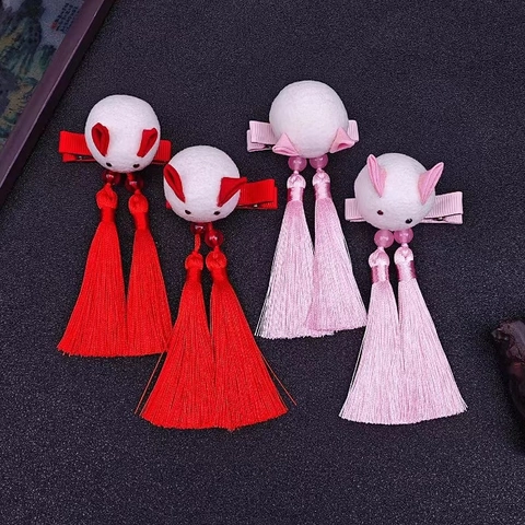 Chinese Style Kids Rabbit Tassel Hair Clips Plush Pompom Hanfu Accessories Red Pink Animal Hairpins For Girls New Year Gift