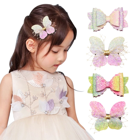 Gradient Glitter Butterfly Bow Hair Clips For Girls Sparkly Princess Fairy Fabric Hair Accessories For Children Gift