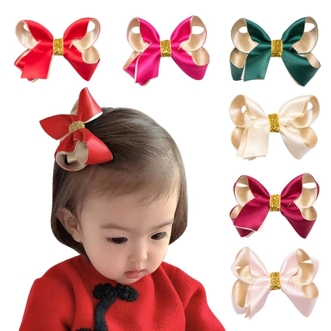 Kids Satin Bow Hair Clips Polyester Ribbon Glitter Gold Side Clips Birthday Party Performance Hair Accessories For Girls