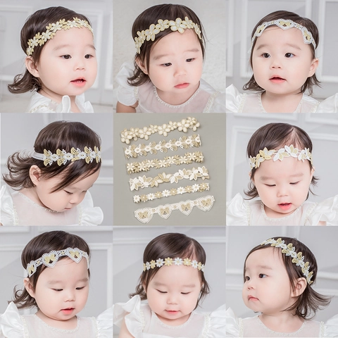 Diadema de Flores con Bordado de Encaje para Bebé Corazón Hueco Margarita Lazo Cinta Elástica para el Pelo Accesorios de Cumpleaños Niñas