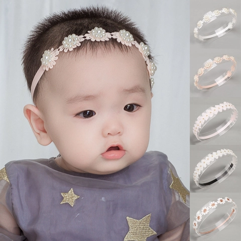 Elastic Lace Baby Headband Artificial Pearl Flower Headpiece Sweet Princess Hair Band For Toddler Girl Photography Party
