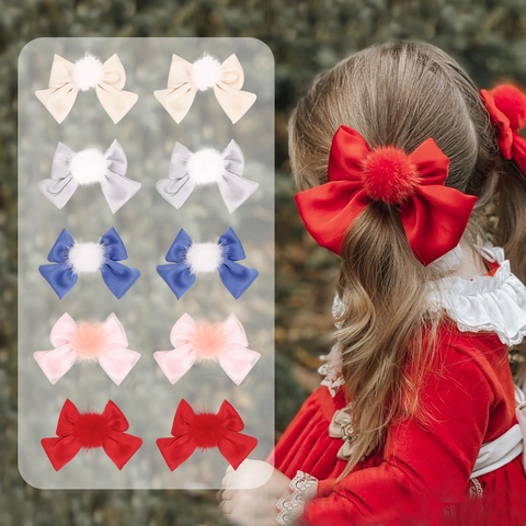Satin Bow Hair Clips For Toddler Girls Kids With Artificial Fur Pom Pom Korean Style Candy Color Bow Barrettes Accessories