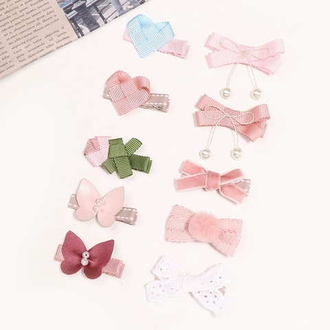 Juego de Pinzas para el Cabello con Lazo para Niños Perla Artificial Encaje Corazón Mariposa Horquillas de Cinta para Bebés