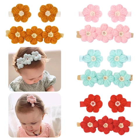 Ensemble de Barrette à Cheveux Fleur au Crochet Fait à la Main Et Bandeau en Nylon pour Enfants Accessoires de Cheveux en Tricot de Coton