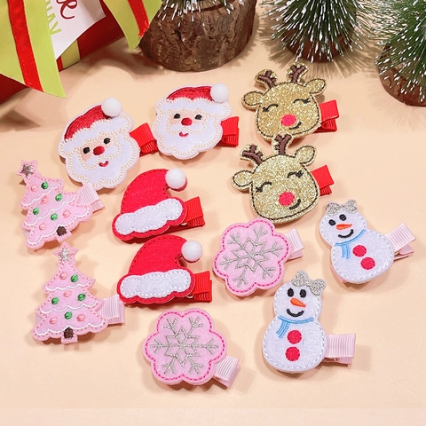 Barrettes à Cheveux de Noël pour Enfants Père Noël Renne Bonhomme de Neige Sapin de Noël Motifs Broderie Tissu Pinces Crocodile pour Filles Décoration de Fête