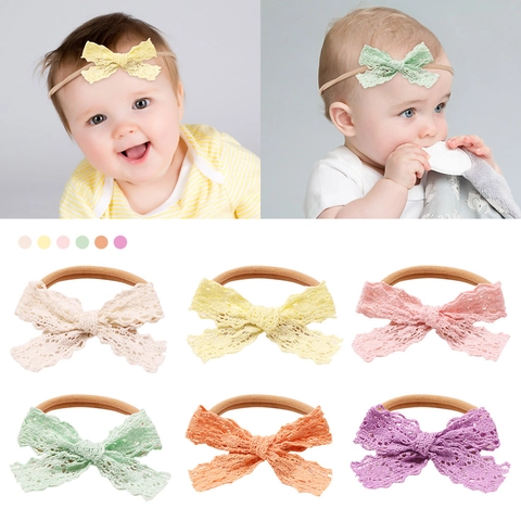 Baby Girls Bowknot Headbands Elastic Nylon Soft Lace Hollow Out Hairbands Infant Toddler Hair Accessories