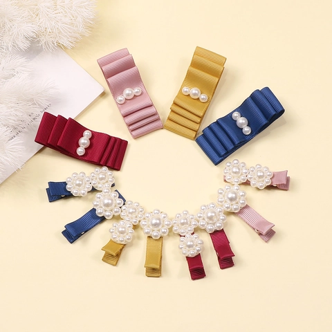 Pinzas para el Cabello de Cinta de Grosgrain Hechas a Mano con Lazo y Perla Artificial para Bebés Niñas Lindos Clips Laterales Florales para el Cabello