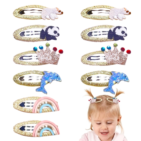Fermagli per Capelli con Ricamo Animale Cartone Animato Arcobaleno Corona Panda Delfino Clip BB Glitter per Bambine Moda