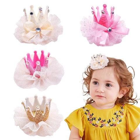 Barrette à Cheveux Couronne en Dentelle Princesse pour Enfants Filles Strass Tulle Nœud Pailleté Accessoires Cheveux Anniversaire