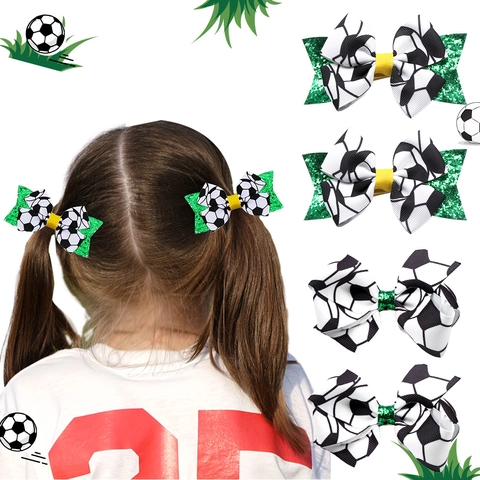 Sport Calcio Motivo Fiocco Fermagli per Capelli Bambini Ragazze Verde Glitter Paillettes Nastro Intrecciato Forcine Accessori