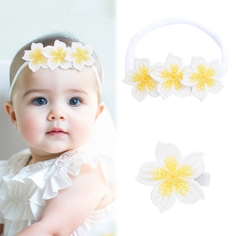 Handmade Plumeria Flower Embroidery Baby Hair Accessories Set Soft Nylon Hairband And Cloth Covered Hair Clip For Kids Girls Sweet Floral Headwear